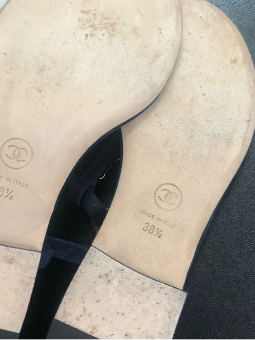 CHANEL Suede Calfskin Thong Sandals 38.5 Navy Blue